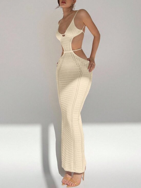 Dresses & Skirts - Apricot Sexy Women's Casual U-Neck Hollow Out Knitted Slim Fit Sleeveless Dress